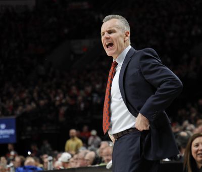 Oklahoma City Thunder head coach Billy Donovan shouts instructions during the second half of Game 1 of a first-round NBA basketball playoff series against the Portland Trail Blazers in Portland, Ore., Sunday, April 14, 2019. (Steve Dipaola / Associated Press)