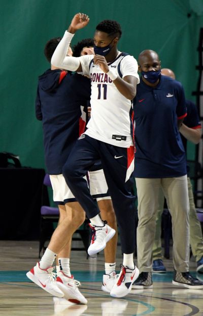 Gonzaga junior guard Joel Ayayi celebrates after the top-ranked Bulldogs defeated No. 6 Kansas 102-90 on Thursday at the Fort Myers Tip-Off in Fort Myers, Fla.  (Chris Tilley/Fort Myers Tip-Off)