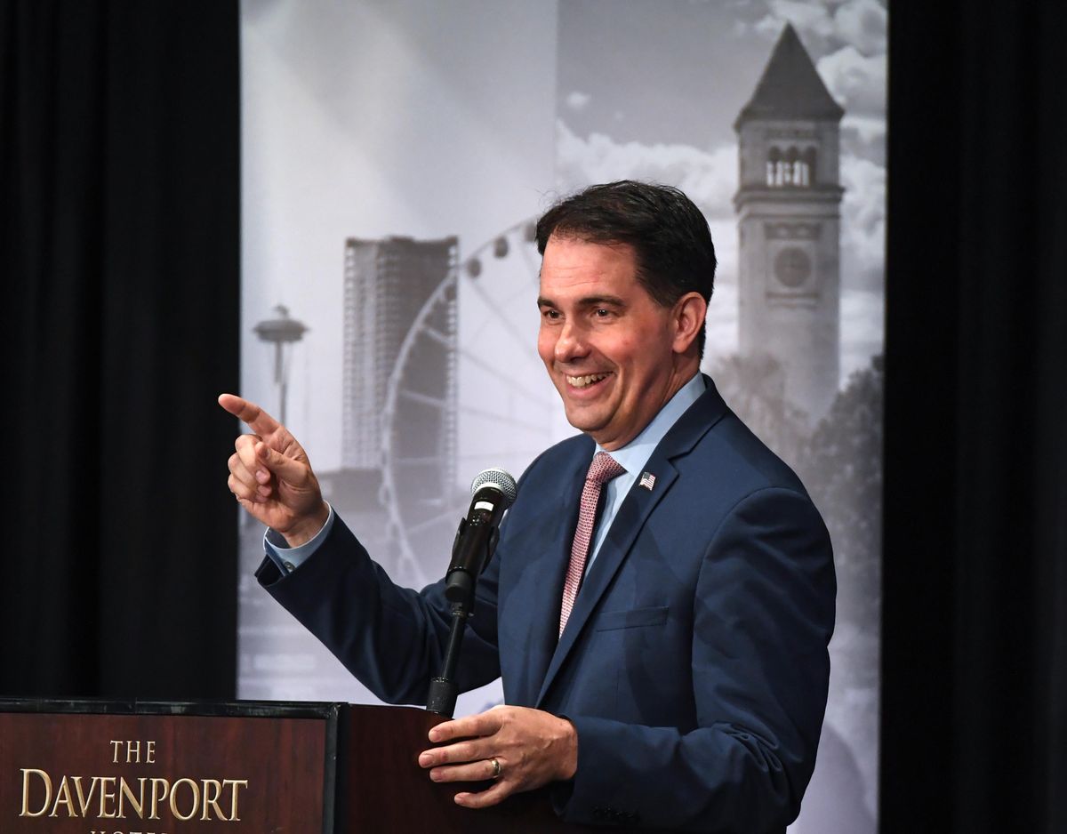 45th governor of Wisconsin, Scott Walker, addresses the crowd at the Washington Policy Center’s Statewide Policy Conference, Tuesday, May 14, 2019, at the Davenport Hotel in Spokane, Wash. (Dan Pelle / The Spokesman-Review)