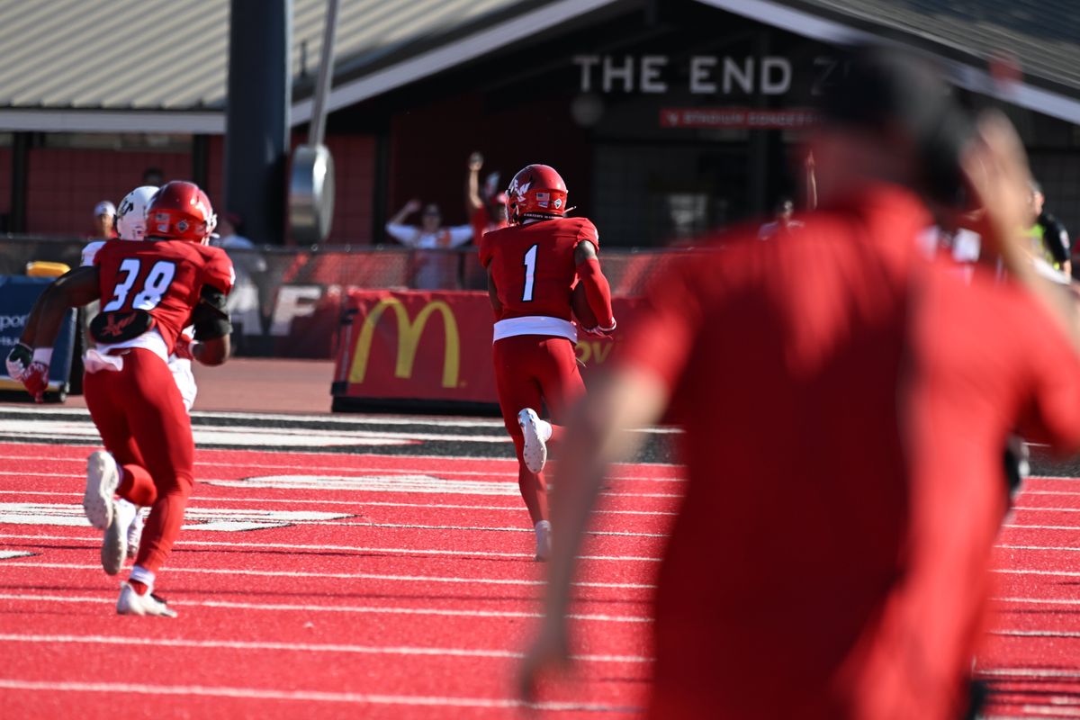 Eastern Washington CB Marlon Jones Jr. (1) grabbed an interception and ran it in for a touchdown against Southeastern Louisiana very late in the fourth quarter to ice the the non-conference game against Southeastern Louisiana for the Eagles Saturday, Sept. 16, 2023 at Roos Field at Eastern Washington University in Cheney, Washington, where the Eagles won 40-29.  (Jesse Tinsley/THE SPOKESMAN-REVI)