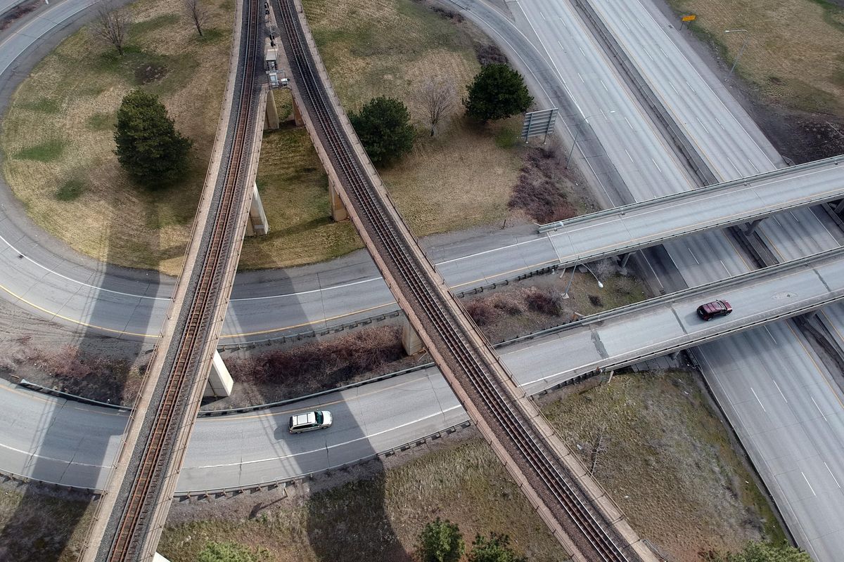 Traffic on I-90, seen here at the interchange with U.S. 195, is greatly reduced during the COVID-19 shutdown period. (Jesse Tinsley / The Spokesman-Review)