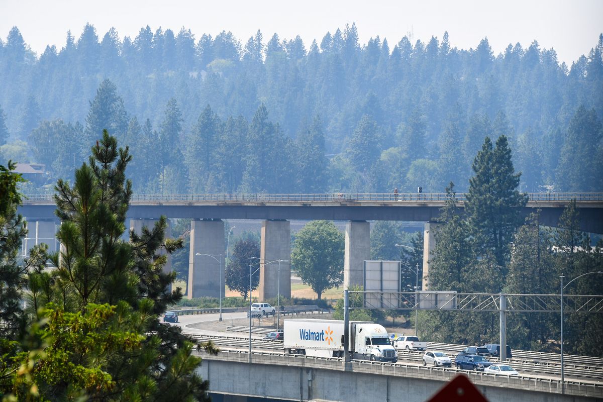 Smoke from wildfires fills the air along I-90 west of downtown Spokane, Thursday, July 22, 2021.  (DAN PELLE/THE SPOKESMAN-REVIEW)