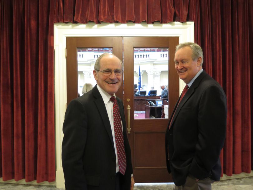 Idaho Sen. Jim Risch, left, with Idaho Sen. Mike Crapo outside the Idaho Senate chamber on Wednesday, Feb. 21, 2018, where both spoke. They also addressed the Idaho House. (Betsy Z. Russell / The Spokesman-Review)