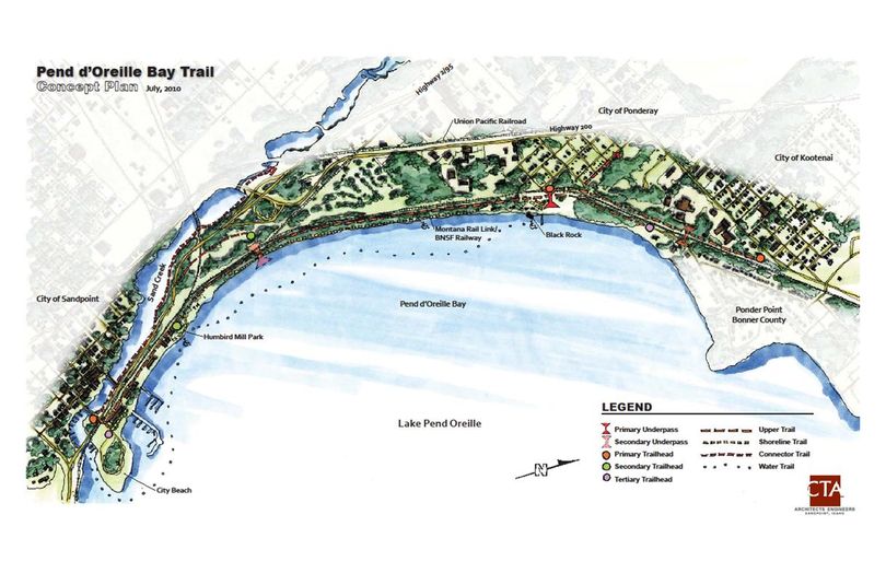 Concept plan for the Pend d'Oreille Bay Trail along Lake Pend Oreille in and near Sanpoint, Idaho. (Friends of the Pend d'Oreille Bay Trail)