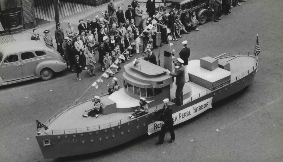 1942: A mock-up of a naval ship, built by the Brig and Fo’c’s’le Club, cruises slowly down Riverside Avenue during the Memorial Day Parade on a truck chassis and emblazoned to read “Remember Pearl Harbor.” The float would be used as a platform for the induction of a dozen or more new sailors in Spokane a few weeks later, part of a nationwide recruiting effort called “Avengers of Pearl Harbor.” The vehicle was rolled in front of the Ensign Monahan statue on Monroe Street in early June and the new recruits clambered aboard to take their oath to serve in the Navy. The event was six months to the day after the bombing of Pearl Harbor. (SPOKESMAN-REVIEW PHOTO ARCHIVES)