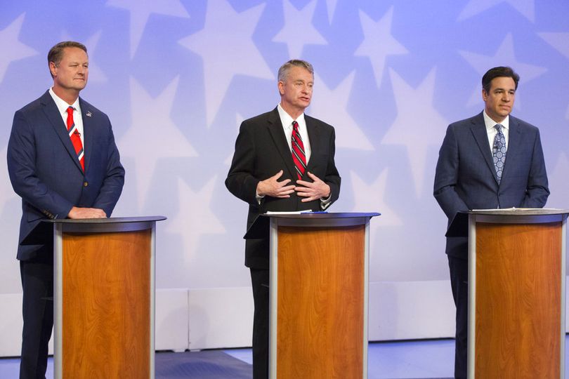 From left, Republican Boise businessman Tommy Ahlquist, Lt. Gov. Brad Little and Rep. Raul Labrador, R-Idaho, participate in a debate at the studios of Idaho Public Television in Boise, Idaho, Monday, April 23, 2018.  (AP / Otto Kitsinger)