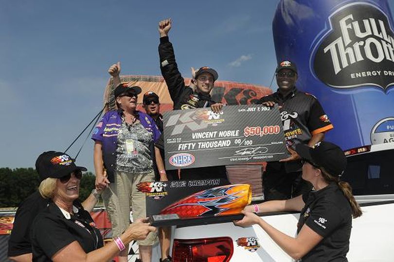 Vincent Nobile celebrates his victory in the K&N Horsepower Challenge on the NHRA Full Throttle Drag Racing Series. (Photo courtesy of NHRA Media Relations) (Nd Photographer)