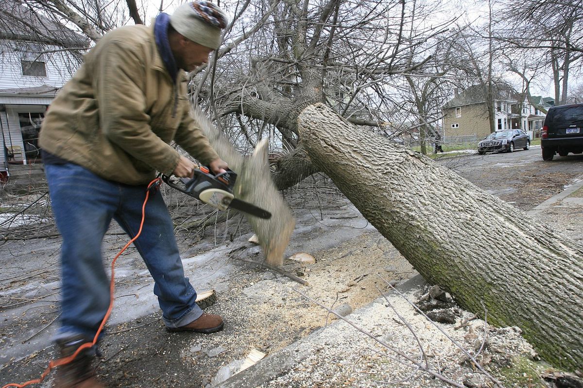 Sterling Davis  takes matters into his own hands after a large tree fell in front of his Detroit house, blocking the street on Sunday. (Brandy Baker / The Spokesman-Review)