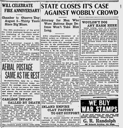 The state concluded its case against 28 members of the Industrial Workers of the World –  Wobblies, as they were known – for the crime of wearing Wobbly buttons, the Spokane Daily Chronicle reported. (Spokane Daily Chronicle archives)