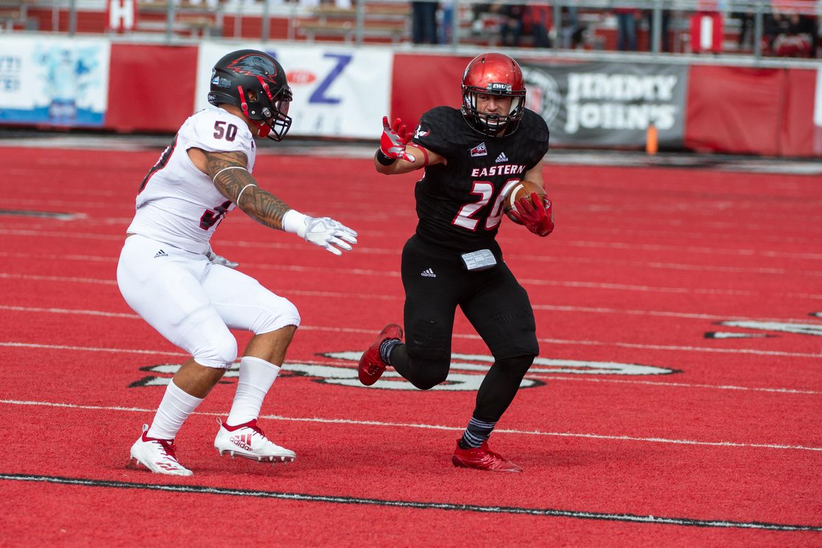 Eastern Washington running back Sam McPherson  carries against Southern Utah  at Roos Field on Oct. 6. (Libby Kamrowski / The Spokesman-Review)