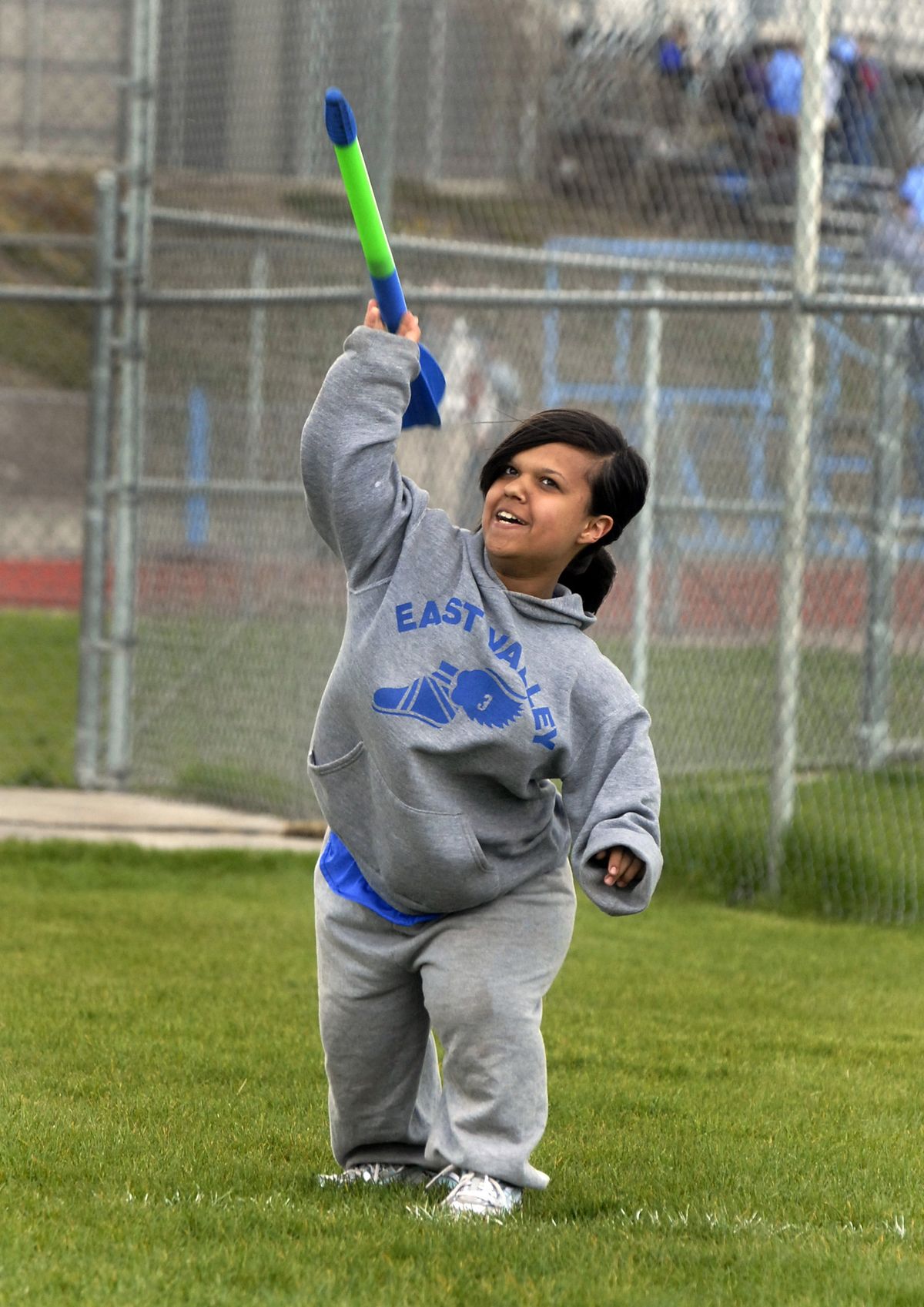 Fourteen-year-old Michelle Kazuba throws the javelin for East Valley Middle School at a track meet on May 14.    (J. BART RAYNIAK / The Spokesman-Review)