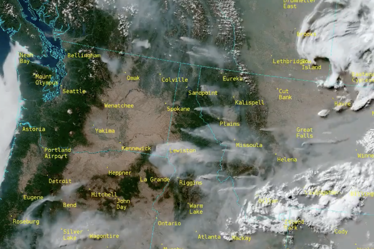 Sunday satellite footage of smoke from wildfires blowing East and away from Spokane. (Courtesy of National Weather Service Spokane) 