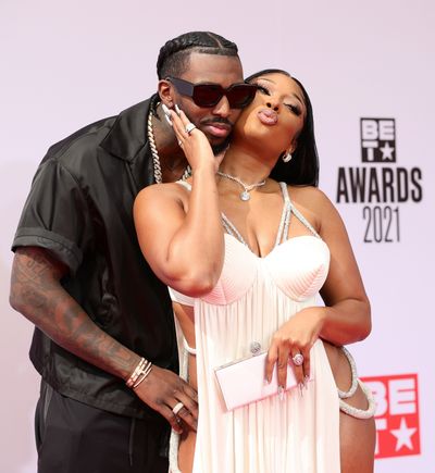 Megan Thee Stallion and Pardison “Pardi” Fontaine attend the BET Awards 2021 at Microsoft Theater on June 27, 2021, in Los Angeles.  (Tribune News Service)