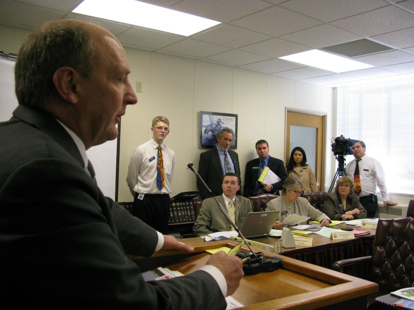 Rep. Eric Anderson, R-Priest Lake, champions his anti-quagga mussel legislation in a long afternoon hearing Tuesday at the House Environment Committee. (Betsy Russell / The Spokesman-Review)