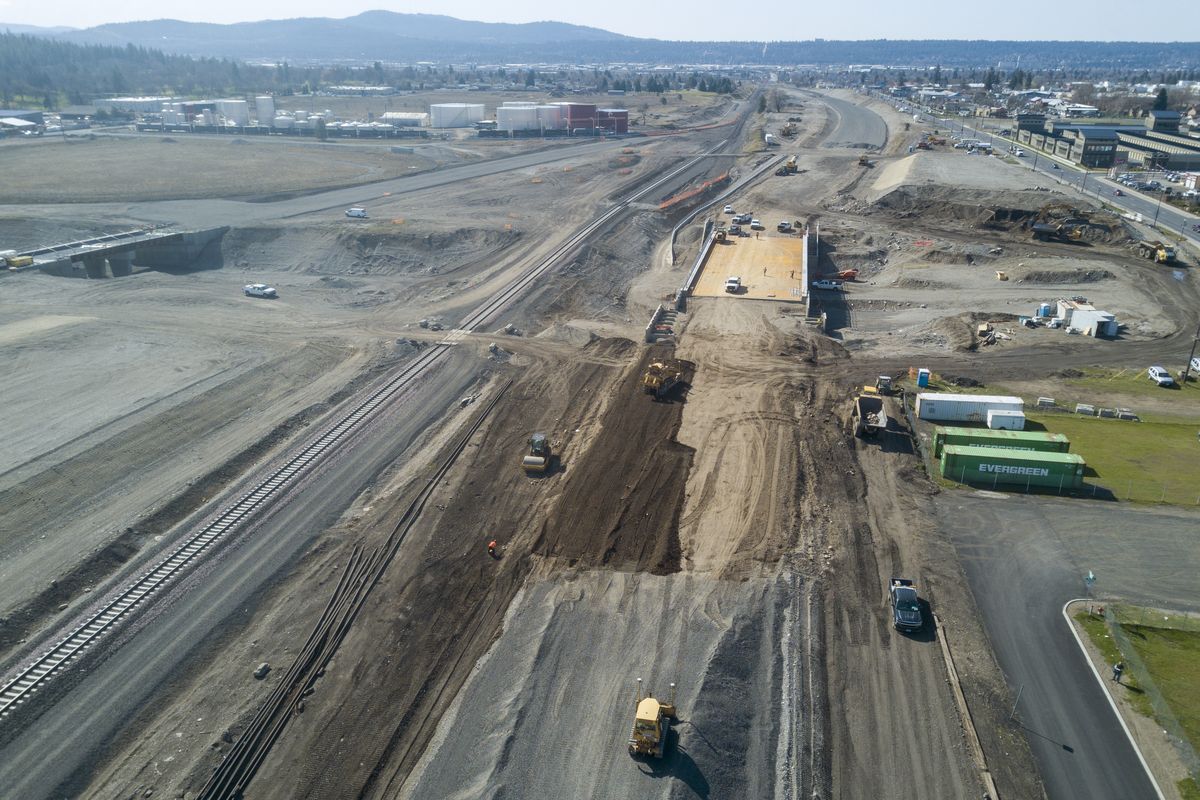 Construction is ongoing on the route of the North Spokane Corridor through Hillyard, shown Friday. The new corridor includes construction of multiple bridges over Wellesley Avenue, which closed through the construction of the realignment of the corridor, two rail tracks and Wellesley Avenue.  (Jesse Tinsley/The Spokesman-Review)