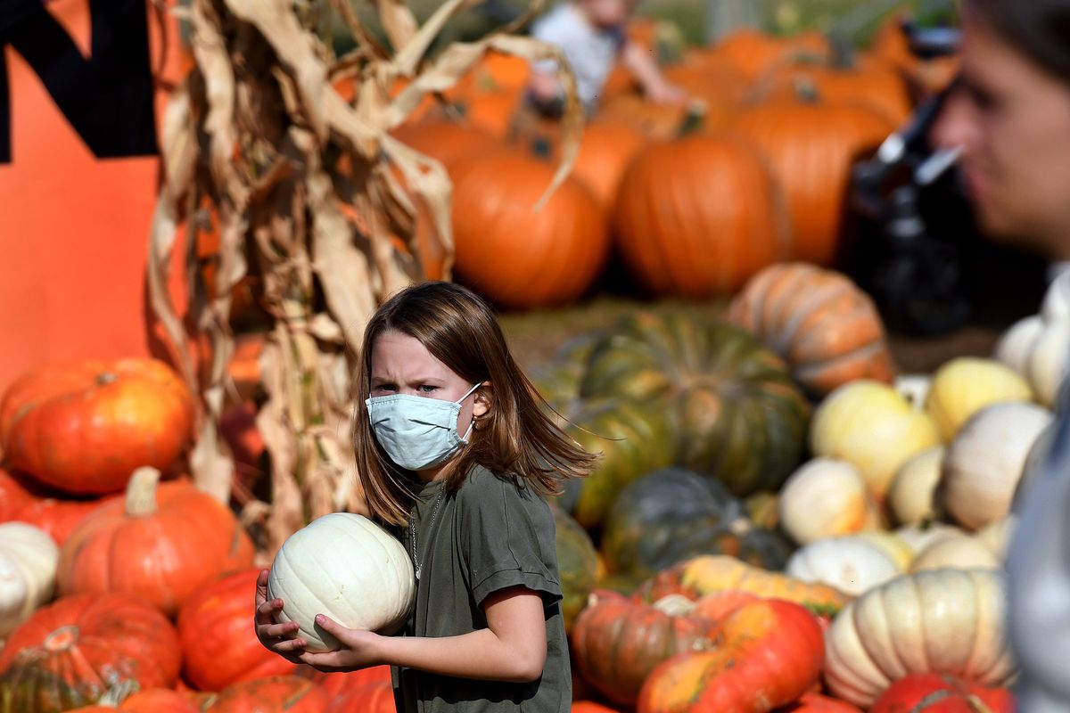 Stella Jones, 8, of Coeur d’Alene, carries her choice of pumpkin at Beck’s Harvest House in Green Bluff on Friday.  (Kathy Plonka / The Spokesman-Review)