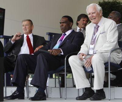 Whitey Herzog, left, Andre Dawson, center and Doug Harvey were among Hall of Fame inductees. (Associated Press)
