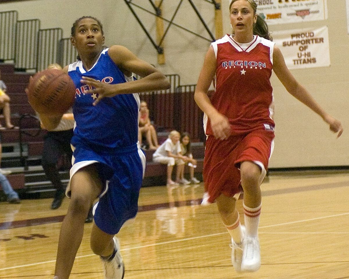 Brittany Kennedy (cq) from Lewis and Clark playing for the Metro All Stars finishes a fast break for a basket Wednesday June 7, 2006 in the Jack Blair Memorial Girls AAU All AStar Basketball Classic at University High School. CHRISTOPHER ANDERSON The Spokesman-Review  (CHRISTOPHER ANDERSON)