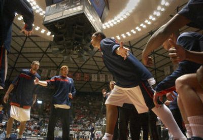 
Gonzaga center J.P. Batista, introduced before Thursday night's game against Xavier, faces one of his toughest assignments of the year in Indiana's Marco Killingworth.
 (Brian Plonka / The Spokesman-Review)