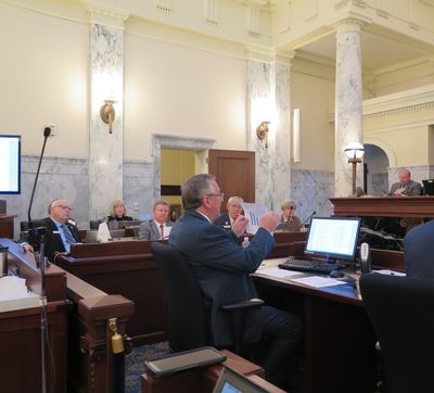 Roger Christensen, Bonneville County commissioner and chairman of the state's Catastrophic Health Care Fund Board, describes a sharp upturn in caseloads and costs to state lawmakers on the Joint Finance-Appropriations Committee on Thursday, Feb. 8, 2018. (Betsy Z. Russell)