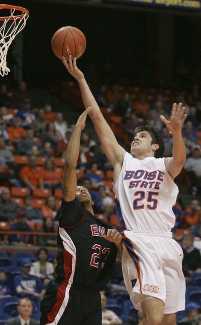 Boise State's Paul Noonan drives against EWU’s Kevin Winford. (Associated Press)