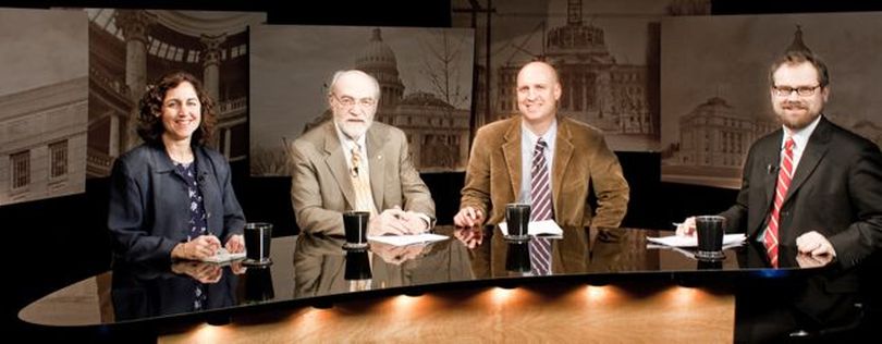 From left, Betsy Russell, Jim Weatherby, John Miller and host Greg Hahn discuss the events of the 10th week of Idaho's 2011 legislative session on Idaho Public Television's 