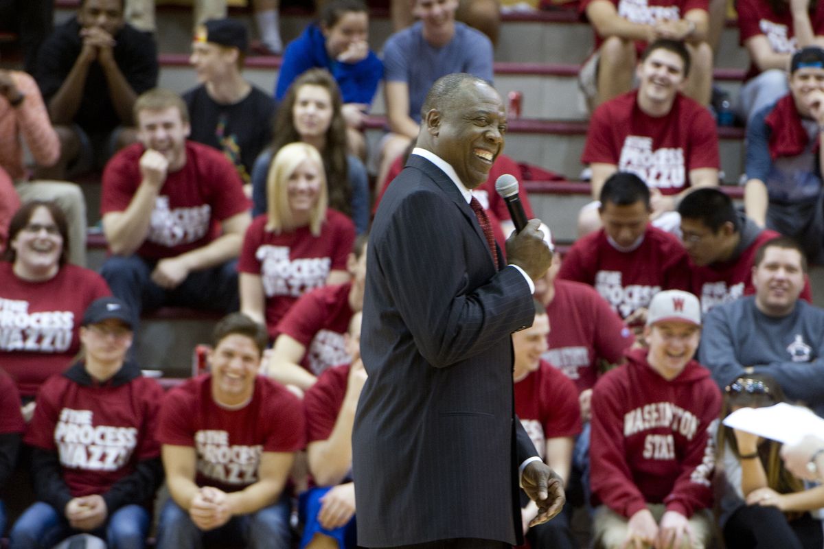 WSU basketball coach Ernie Kent grins during a pep rally with students at Bohler Gym in Pullman. (Tyler Tjomsland)