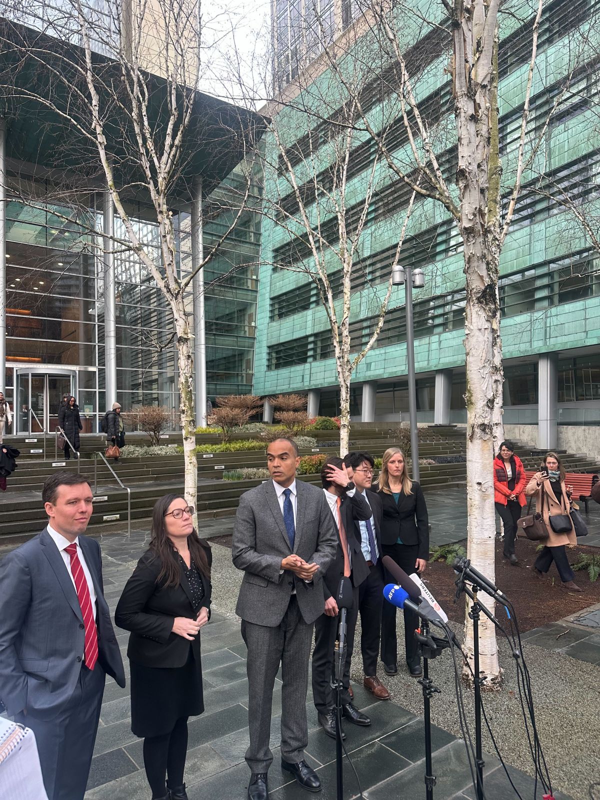 Washington Attorney General Nick Brown speaks outside the federal courthouse on Thursday in Seattle where a judge blocked President Donald Trump’s executive order to end birthright citizenship.  (Mitchell Roland/The Spokesman-Review)