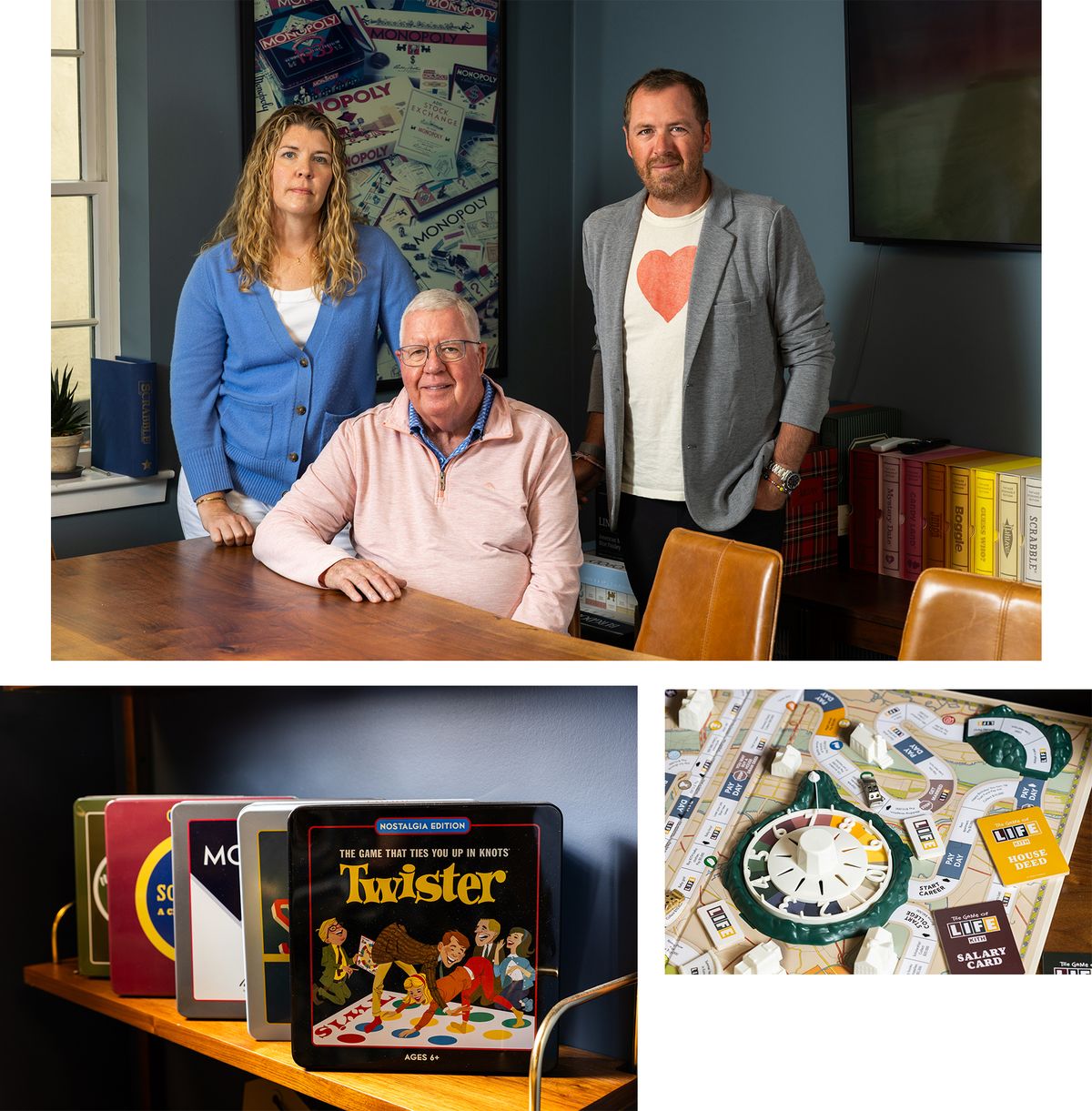 Kerry Addis, left, Dana Silva and Jonathan Silva. Their family-run company produces collectible versions of popular board games. (Jake Belcher/For The Washington Post)