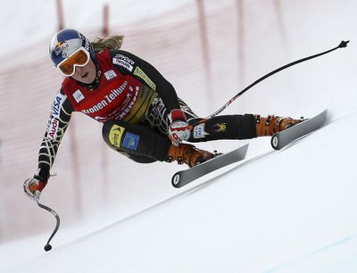 Lindsey Vonn on her way to third place in Sunday’s World Cup downhill.  (Associated Press / The Spokesman-Review)