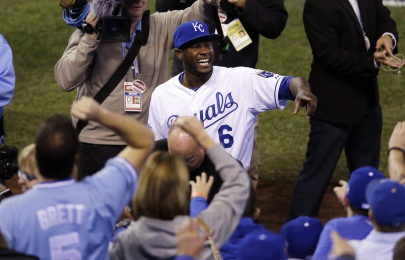 Kansas City’s Lorenzo Cain celebrates after the Royals’ Game 2 win. (Associated Press)