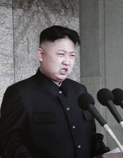 In this image made from KRT video, North Korea’s Kim Jong Un gives his first public speech today. (Associated Press)