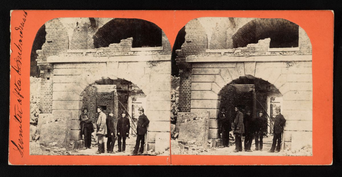 This image provided by the Library of Congress shows men standing at Fort Sumter near Charleston, S.C., in April 1861 after the fort was bombarded. (Associated Press)