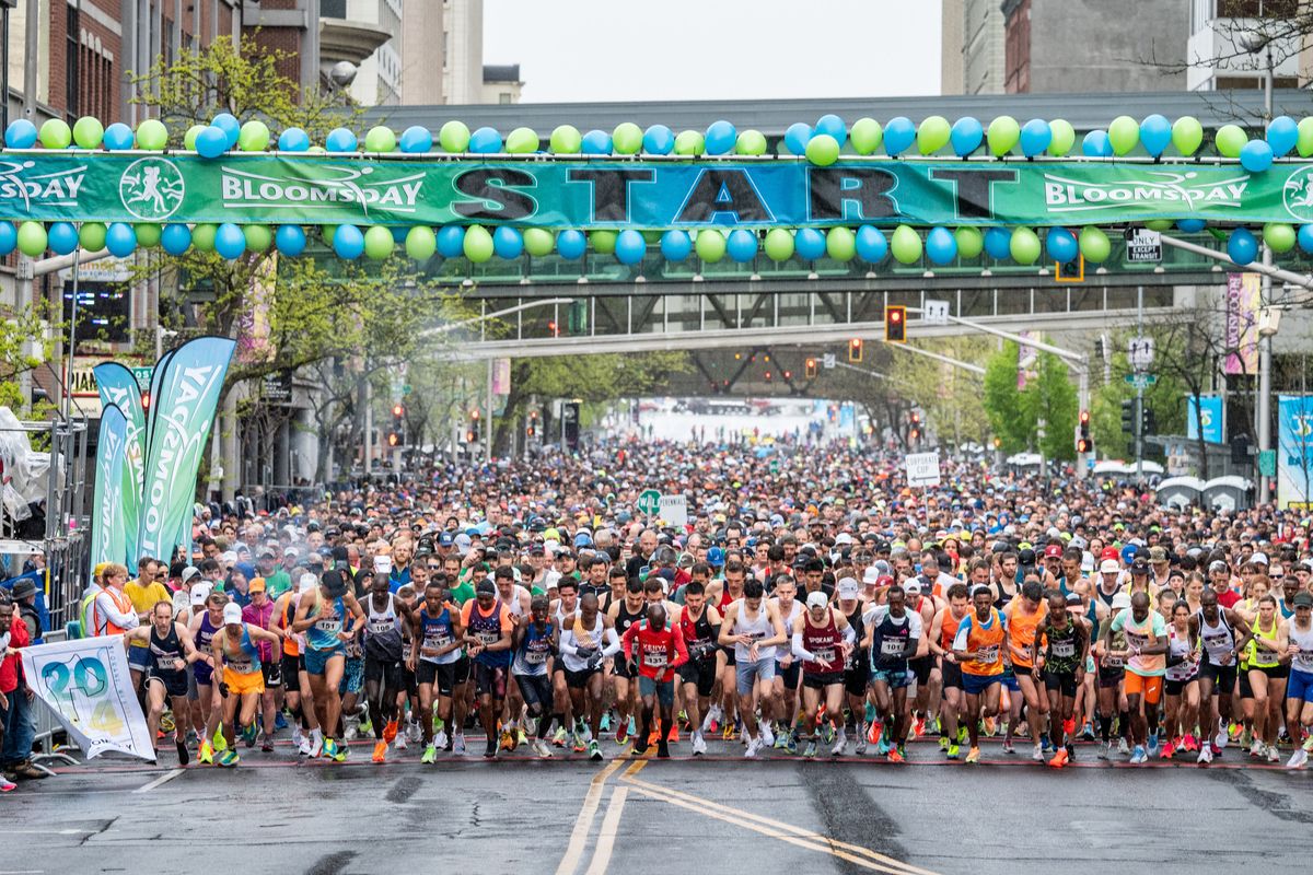 The Elite men’s runners start their race during Bloomsday, Sunday, May 5, 2024.  (COLIN MULVANY/THE SPOKESMAN-REVI)