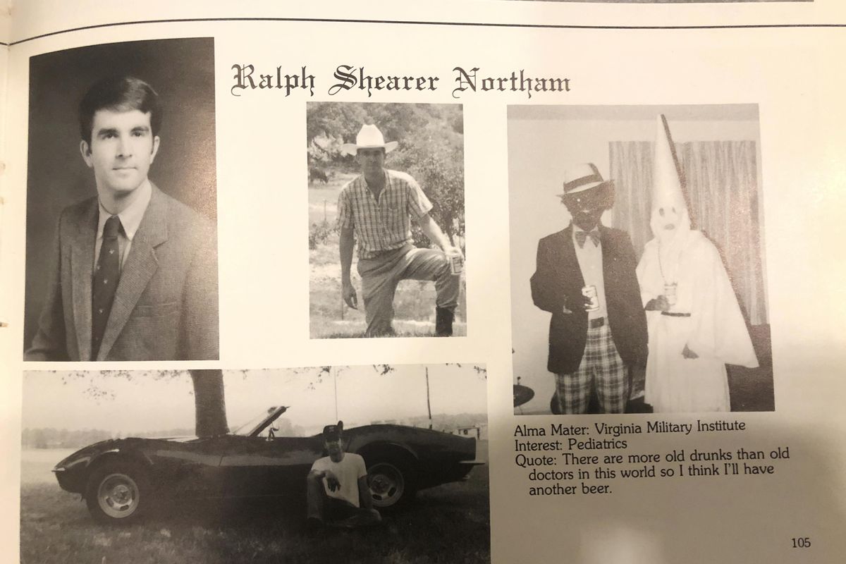 This image shows Virginia Gov. Ralph Northam’s page in his 1984 Eastern Virginia Medical School yearbook. The page shows a picture, at right, of a person in blackface and another wearing a Ku Klux Klan hood next to different pictures of the governor. It’s unclear who the people in the picture are, but the rest of the page is filled with pictures of Northam and lists his undergraduate alma mater and other information about him. (AP)