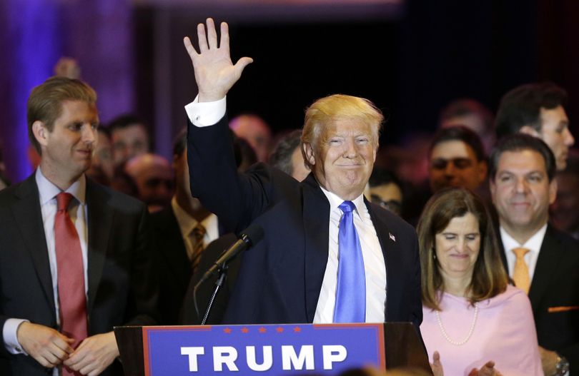 Republican presidential candidate Donald Trump waves after speaking during a primary night event Tuesday, April 26, 2016, in New York. (Julie Jacobson / Associated Press)