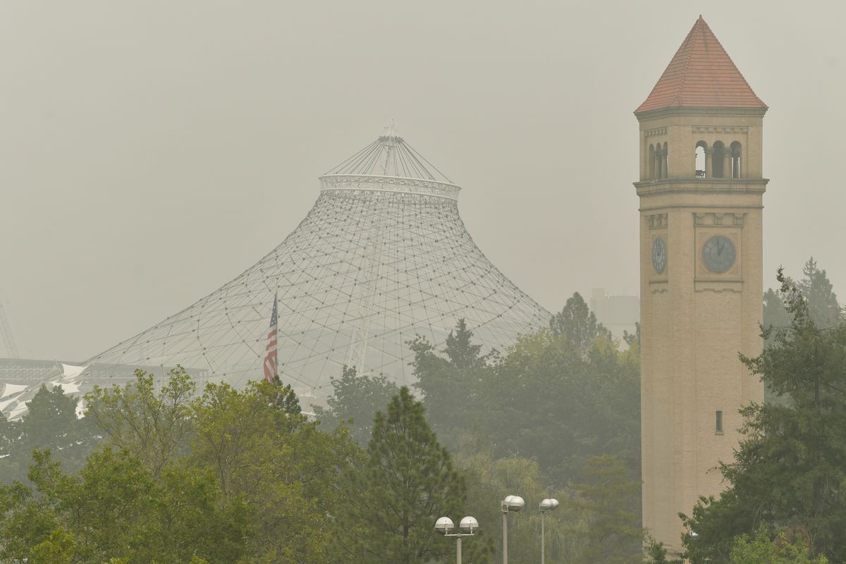 The Pavilion and Clocktower are seen shrouded in smoke on Saturday, Sept. 12, 2020, in downtown Spokane, Wash.  (Tyler Tjomsland/THE SPOKESMAN-REVIEW)