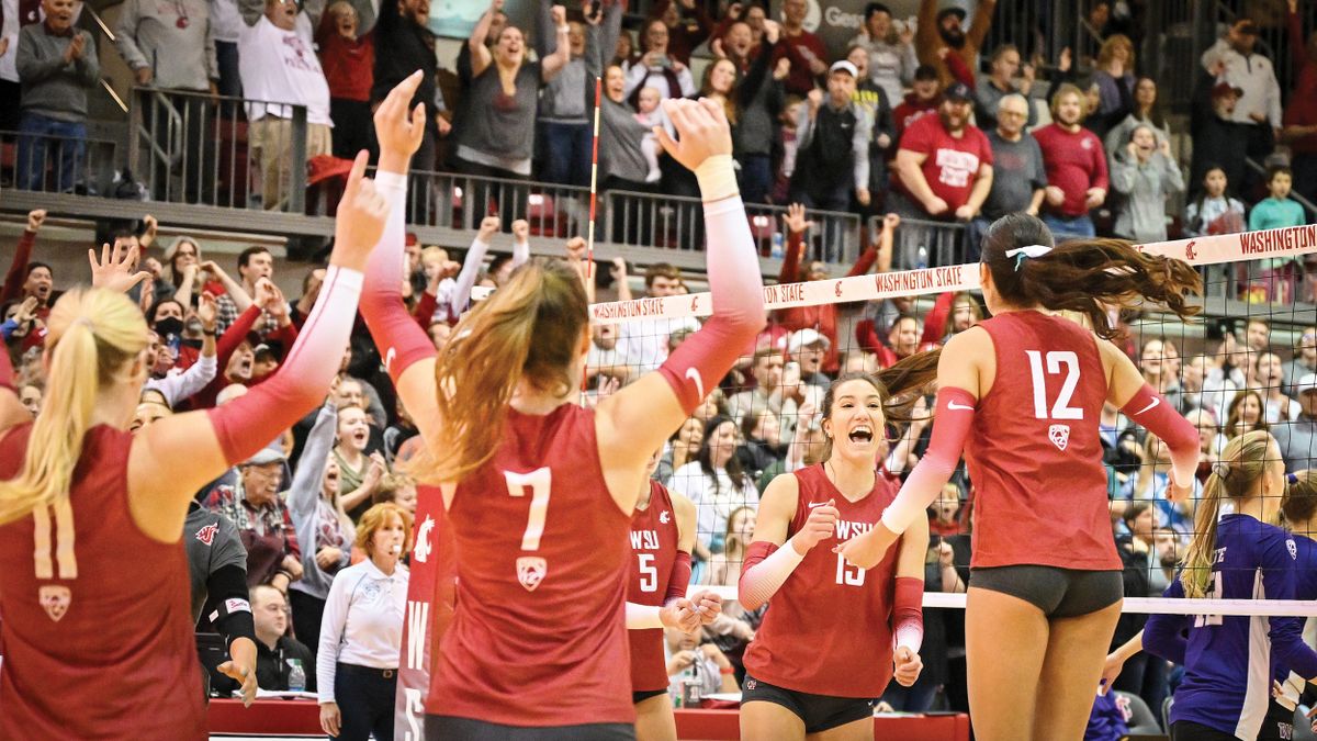 Middle blocker Magda Jehlarova, second from right, celebrates with her Washington State teammates during a Pac-12 Conference home match against Washington.  (Courtesy WSU athletics)