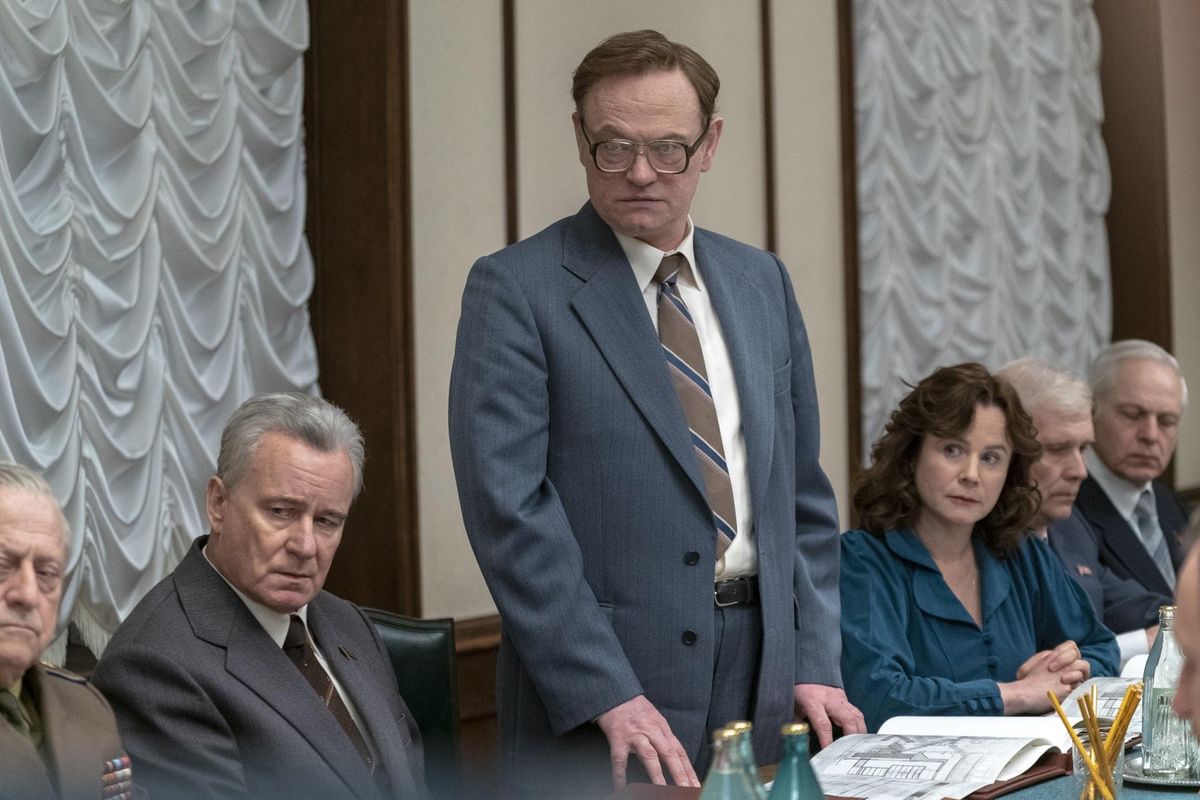 Stellan Skarsgård, Jared Harris, and Emily Watson in “Chernobyl.” (Liam Daniel / HBO)