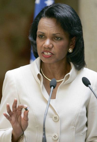 
U.S. Secretary of State Condoleezza Rice gestures during a press conference in Madrid Friday. 
 (Associated Press / The Spokesman-Review)