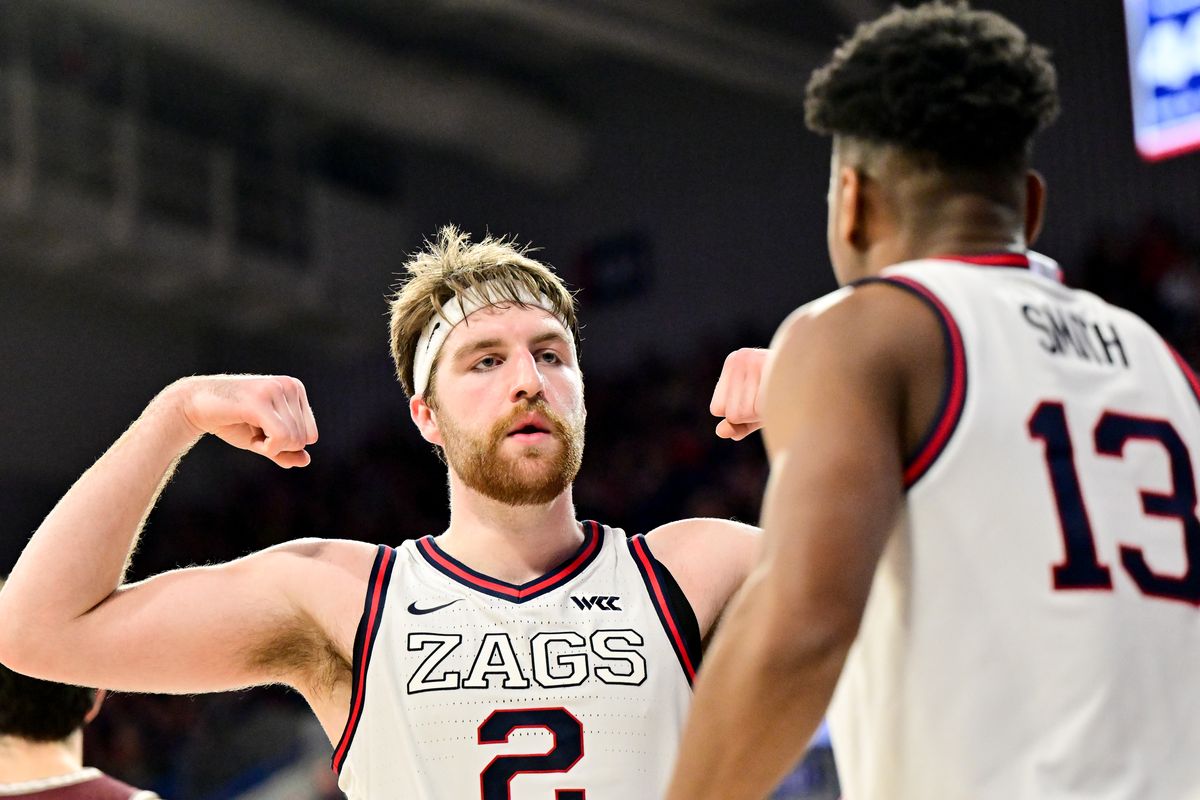 Gonzaga’s Drew Timme, who scored a game-high 32 points, flexes after Malachi Smith hit a shot during the second half of Tuesday’s 85-75 nonconference win over Montana.  (Tyler Tjomsland/The Spokesman-Review)