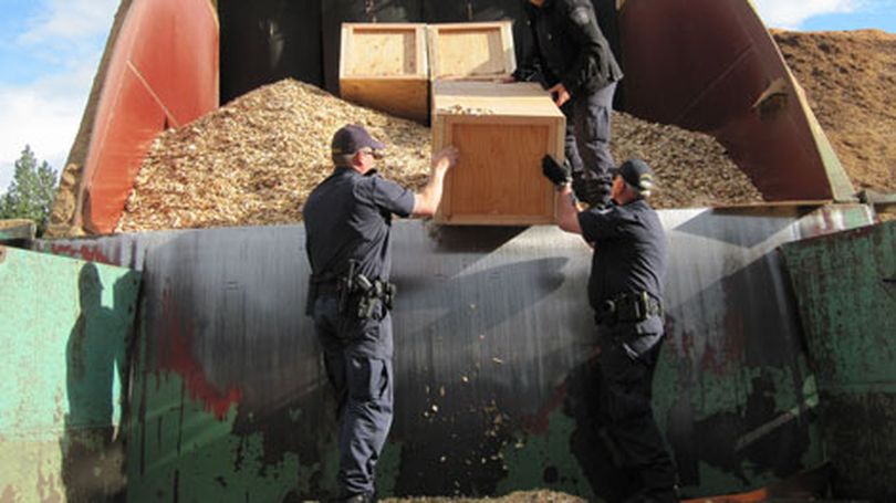 U.S. border agents discovered five wooden crates filled with marijuana inside a load of woodchips at the Laurier border crossing. July 2, 2010. (U.S. Customs and Border Protection) (U.S, Customs and Border Protection)