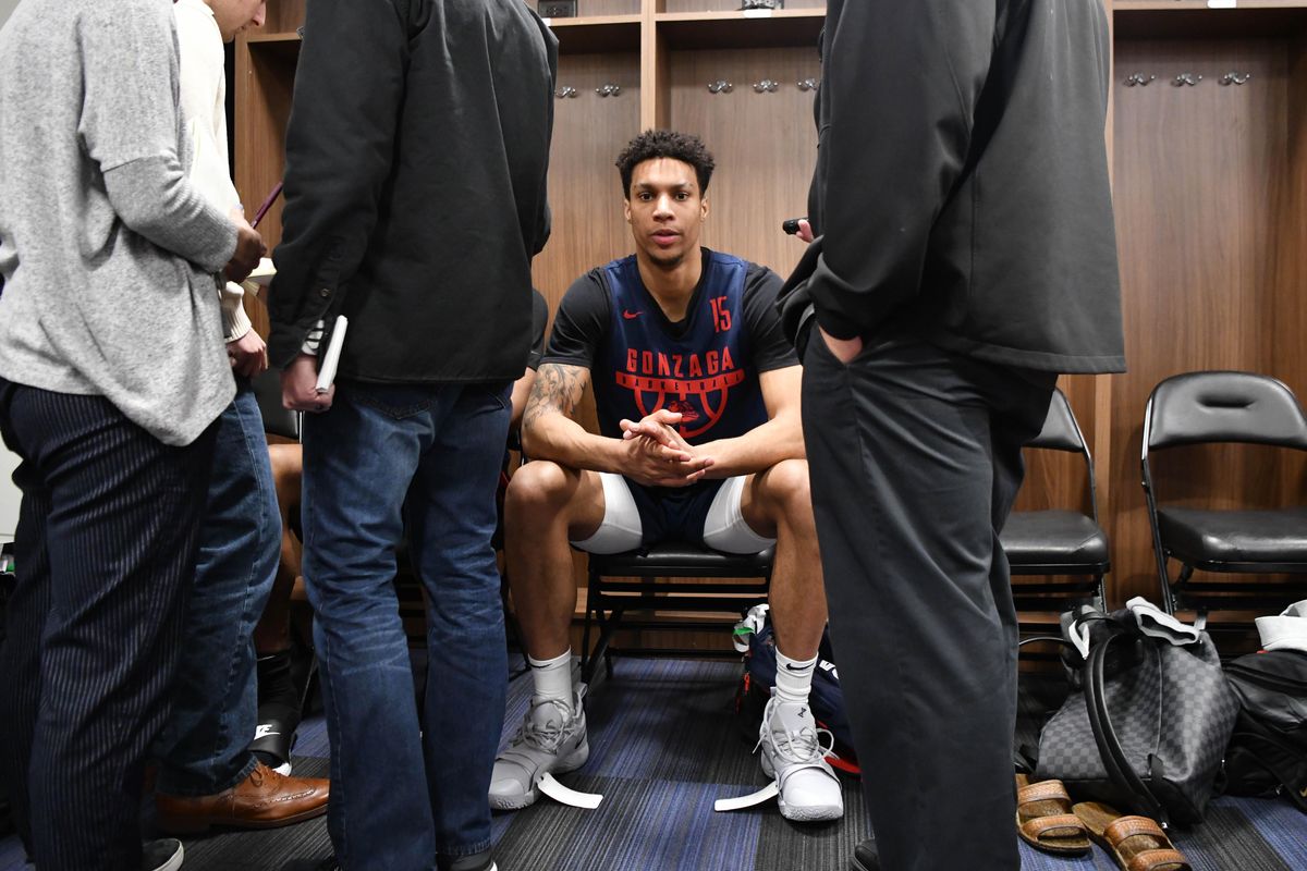 Gonzaga Bulldogs forward Brandon Clarke (15) fields questions from the media before an NCAA Tournament press conference on Friday, March 22, 2019, at Vivint Smart Home Arena in Salt Lake City, Utah. (Tyler Tjomsland / The Spokesman-Review)