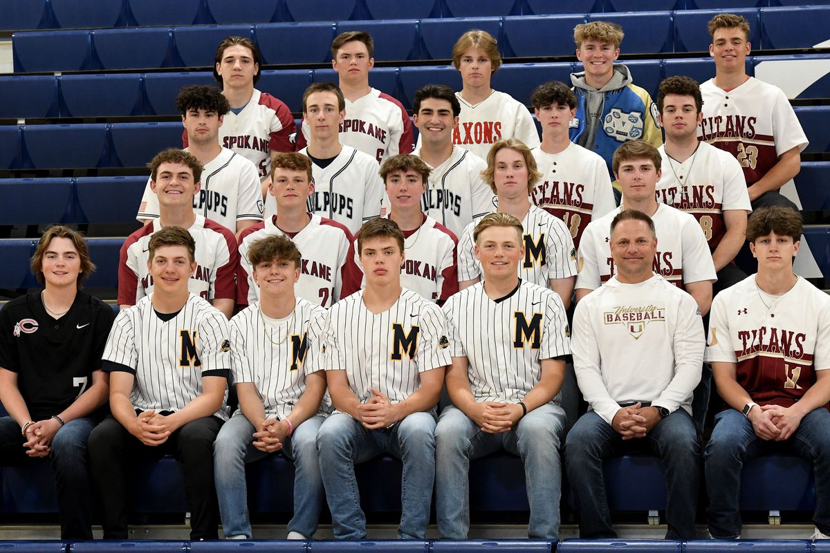 All-GSL 4A/3A baseball. First row (l-r): Quinn Hubbs (Che), Cole Startin (Mea), Xavier Hattenburg (Mea), Max Workman (Mea), DJ Bowman (Mea), coach Kevin May (Uni), Tyler Boden (Uni). Second row: Carson Coffield (MtS), Jaxson Davis (MtS), Cooper Davis (MtS), Dayton Wells (Mea), Brandon Faire (Uni). Third row: Robbie Burnett (GP), Mike Cunneely (GP), Lucio Reynolds (GP), Peyton Fletcher (Uni), Ricco Longo (Uni). Fourth row: Rece Schuerman (MtS), Gavin Wideman (MtS), Castle Keaton (Fer), Luke Abshire (CV), Dominic Longo (Uni).  (Kathy Plonka/The Spokesman-Review)