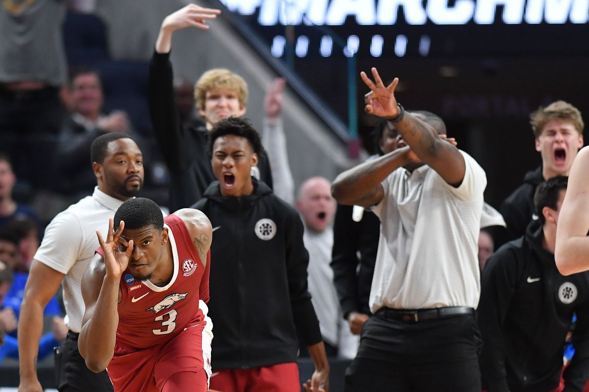 Arkansas forward Trey Wade (3) reacts after hitting a 3 against the Gonzaga Bulldogs during the second half of a Sweet 16 game on Thursday at Chase Center in San Francisco. The Razorbacks won 74-68.  (Tyler Tjomsland/The Spokesman-Review)