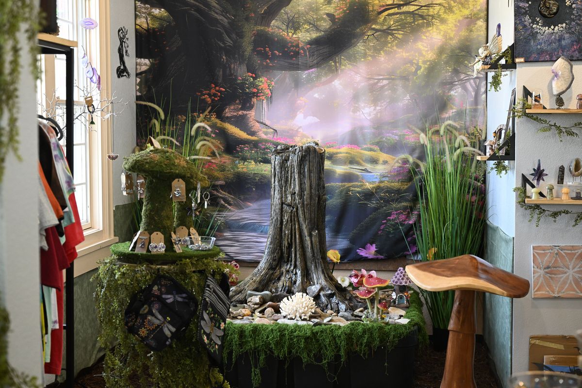 Stone Crazy, a rock, gem and collectible store in Millwood, has a water fountain in the corner that resembles a tree stump, assembled by owner Jenny Dykes, who opened her business in 1999.  (Jesse Tinsley/THE SPOKESMAN-REVI)
