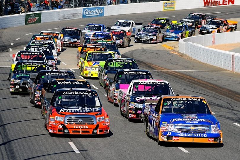 Ron Hornaday Jr. and Kyle Busch line up for the final restart of the Kroger 200 at Martinsville Speedway. (Photo Credit: Jared C. Tilton/Getty Images) (Jared Tilton / Getty Images North America)
