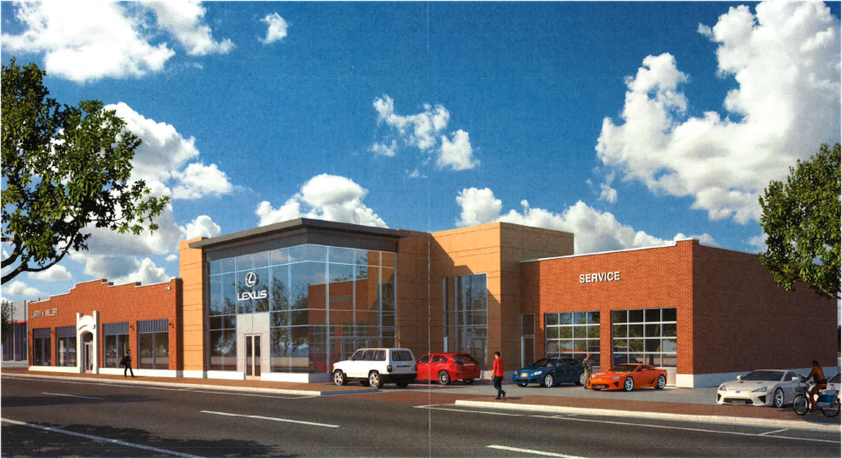 An image of the revised proposal for the Larry H. Miller Lexus showroom preserving the historic character of the International Harvester Company Truck Showroom, which was built in 1929 at 1030 W. Third Ave. Image courtesy of the City of Spokane