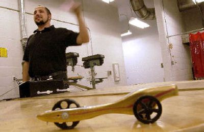 
Technology education teacher Salvatore Lorenzen used Post Falls Education Foundation grant money to buy the materials needed to build the air rocket cars and track in his classroom. 
 (Kathy Plonka / The Spokesman-Review)