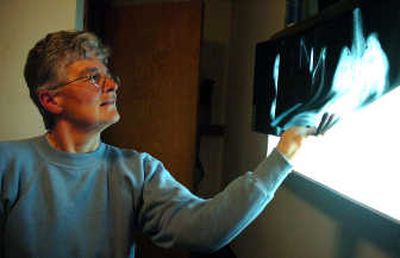 
Lynn Tompkins, director of Blue Mountain Wildlife, a raptor rehabilition center in Pendleton, Ore.,  examines X-rays of birds Nov. 5 . Tompkins has seen several raptors this year suffering from lead poisoning, which she attributes to hunters using lead shot. Associated Press
 (Associated Press / The Spokesman-Review)